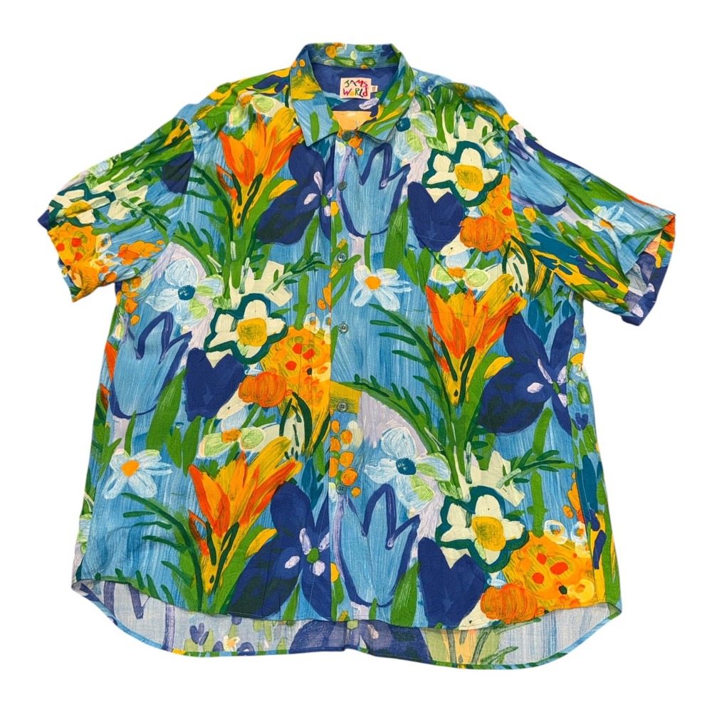Jams World Wonderland Floral Button Down Shirt Mens XXL Blue Short Sleeve Rayon